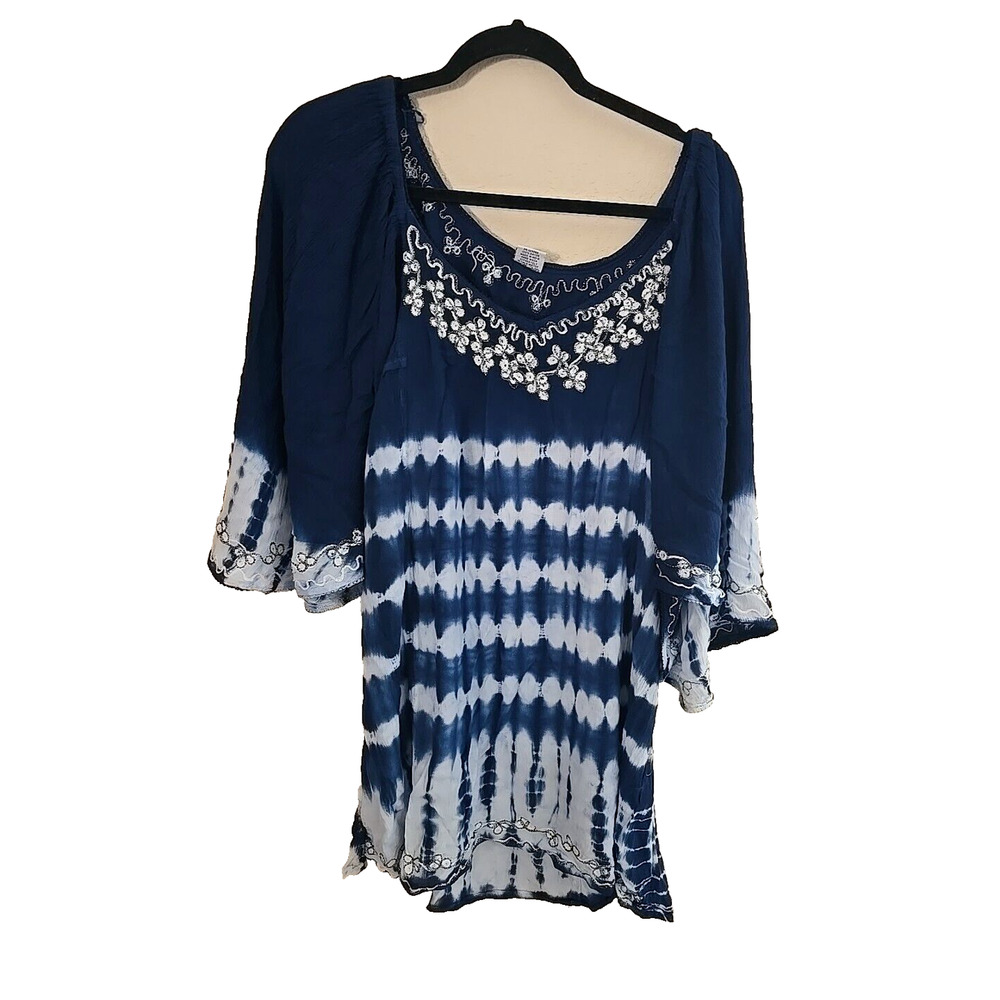 Shoreline Blue Tie Dye Embroidered Short Sleeve Boho Tunic Top Womans Size 3XL